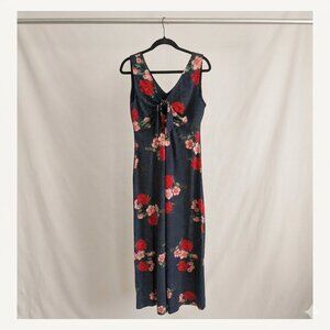 Nina Leonard Navy Polka Dot Floral Tie-Front Maxi Dress - Size L